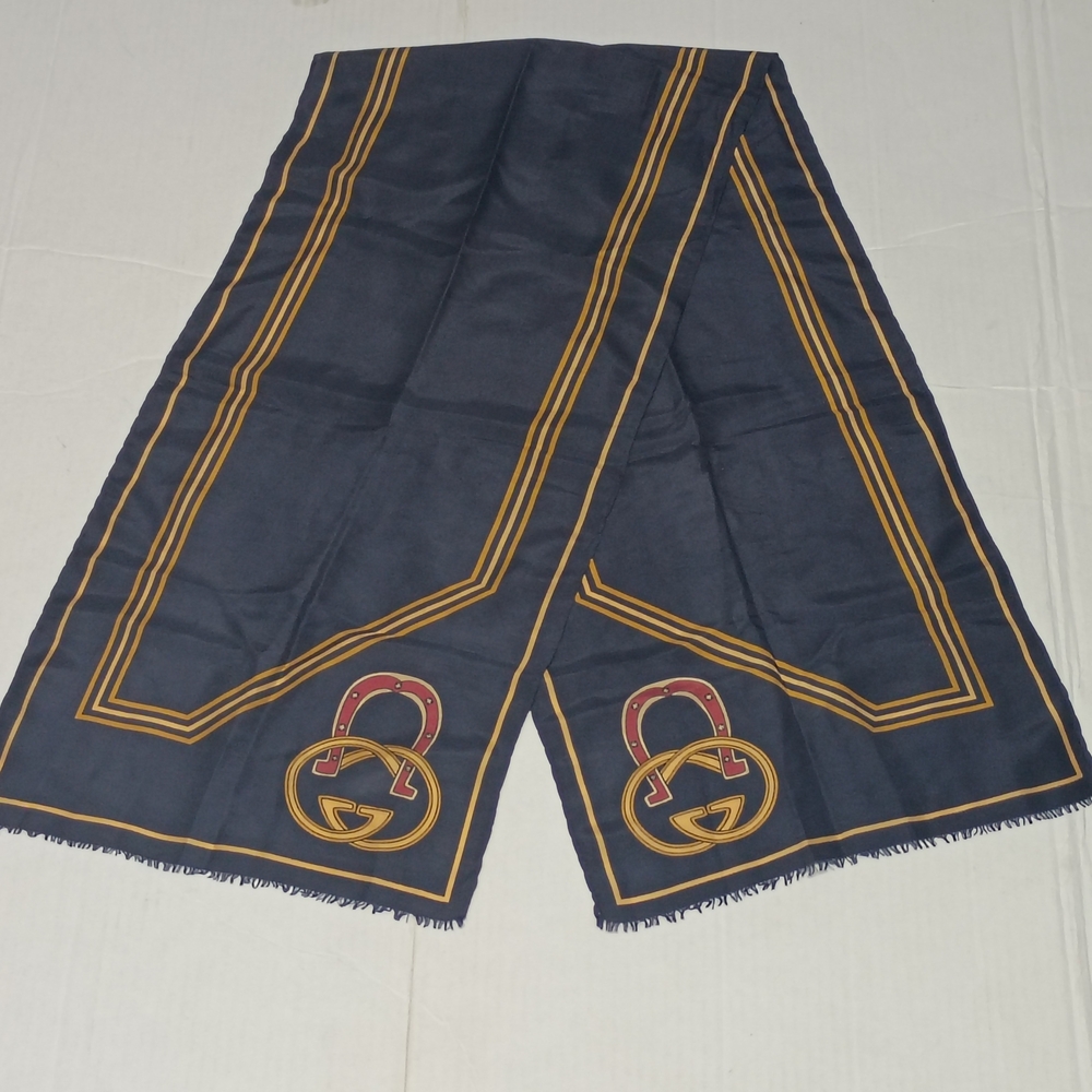 ❤️VINTAGE GUCCI GG LOGO & HORSESHOE SILK OBLONG FRINGED SCARF ASCOT 48x11